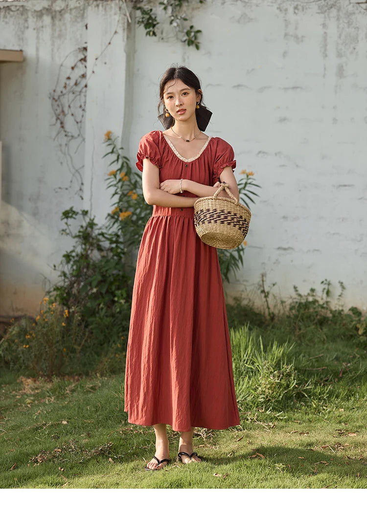 Mishow French Puff Sleeve Lace Neck Long Dress MXE35L2297