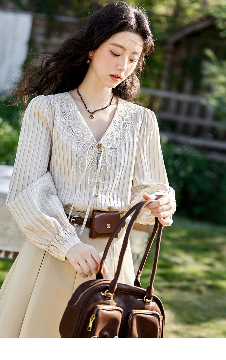 MISHOW French Retro V-Neck Shirt Lace Up Striped Embroidered MXE12X1715