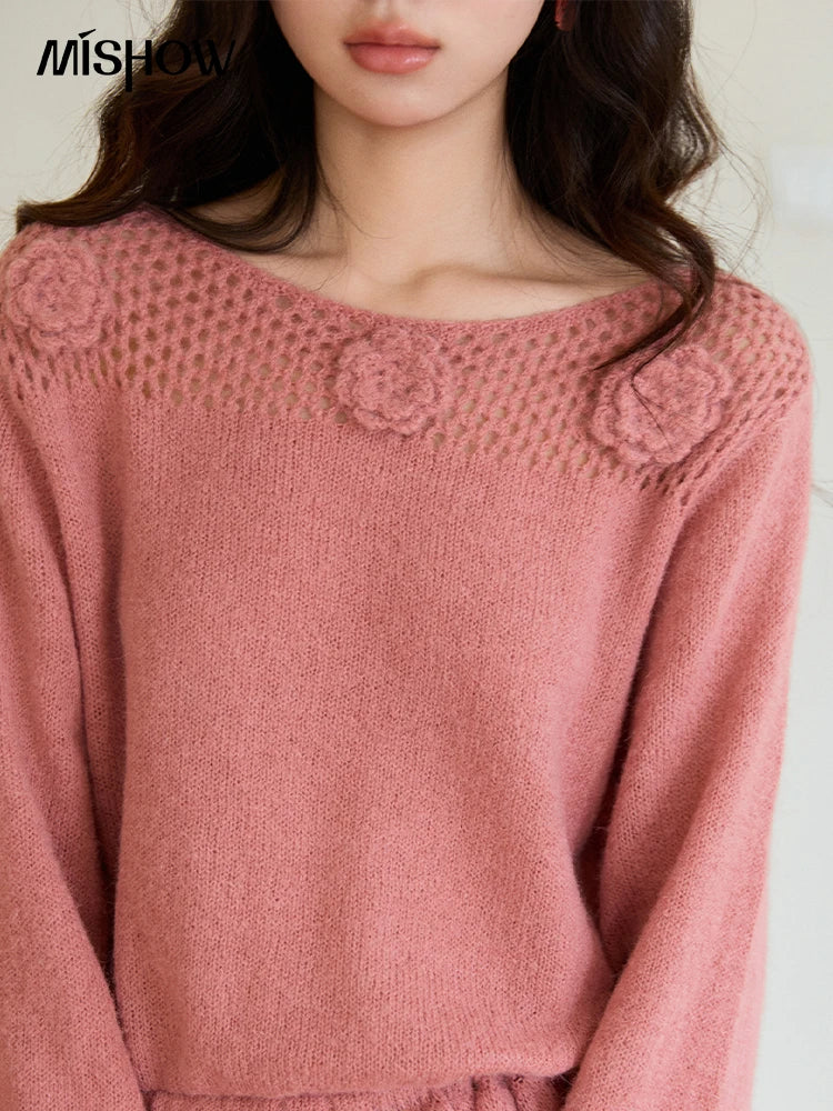 Mishow Pink Hollow Floral Ruffled Hem Sweater MXE94Z2865