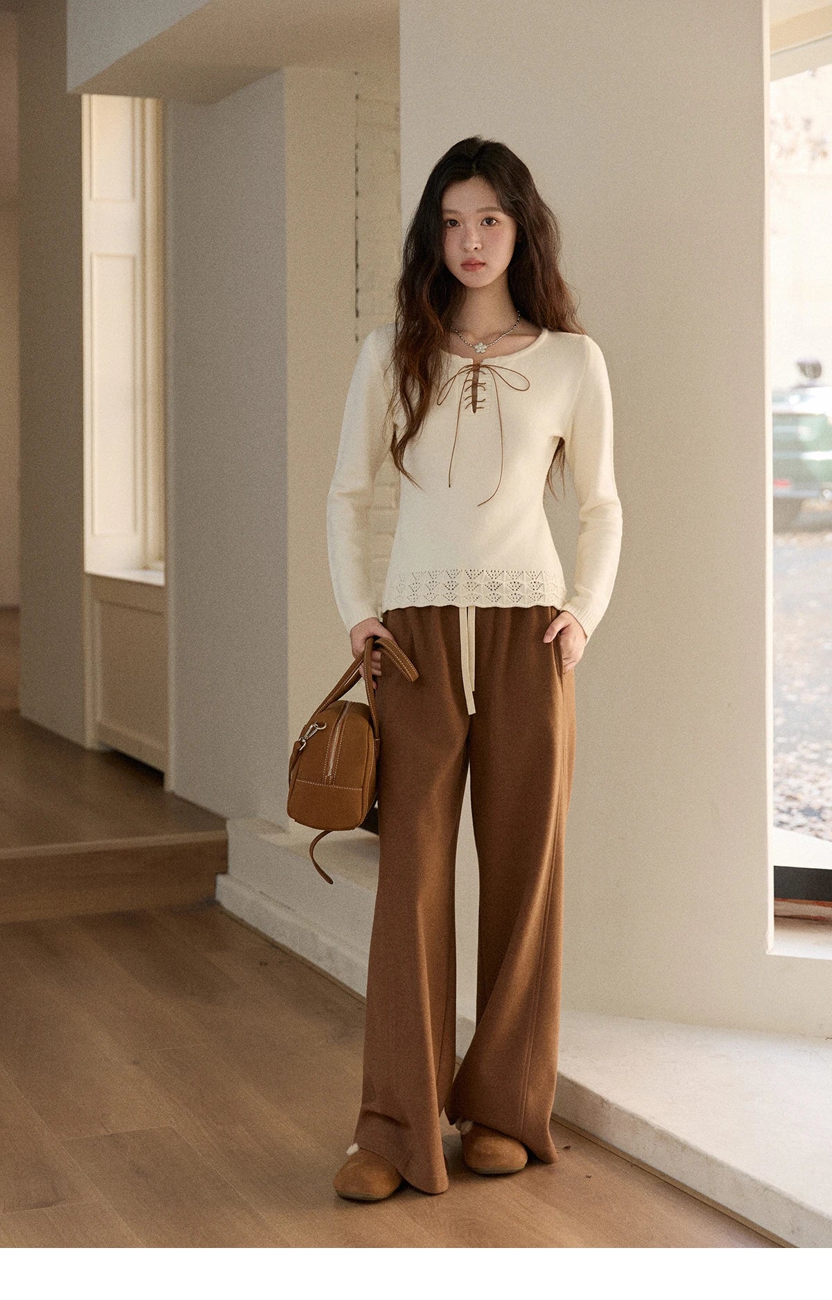 Mishow Beige Contrast French Hem Crochet Sweater MXE89Z2634