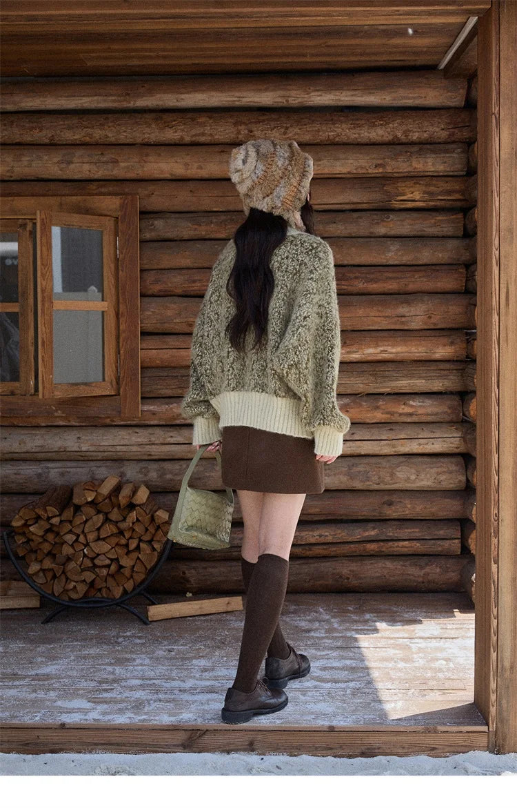 Mishow Green Retro Mottled Stand Collar Cardigan MXE90Z2787