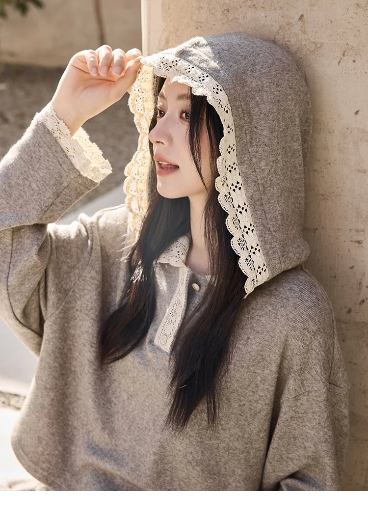 Mishow Lace Splicing Hooded Sweatshirt & Wide Leg Pants Set MXD34V0098