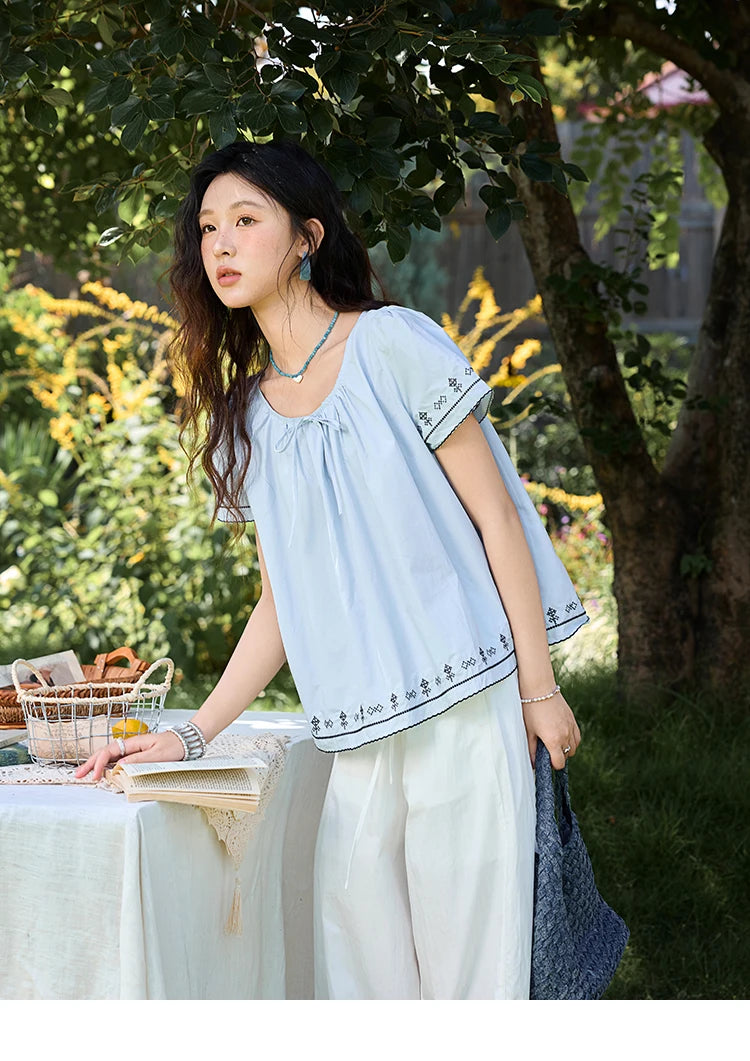 MISHOW Cotton Blouse Round Neck Lace Up Puff Sleeve MXE39X1966