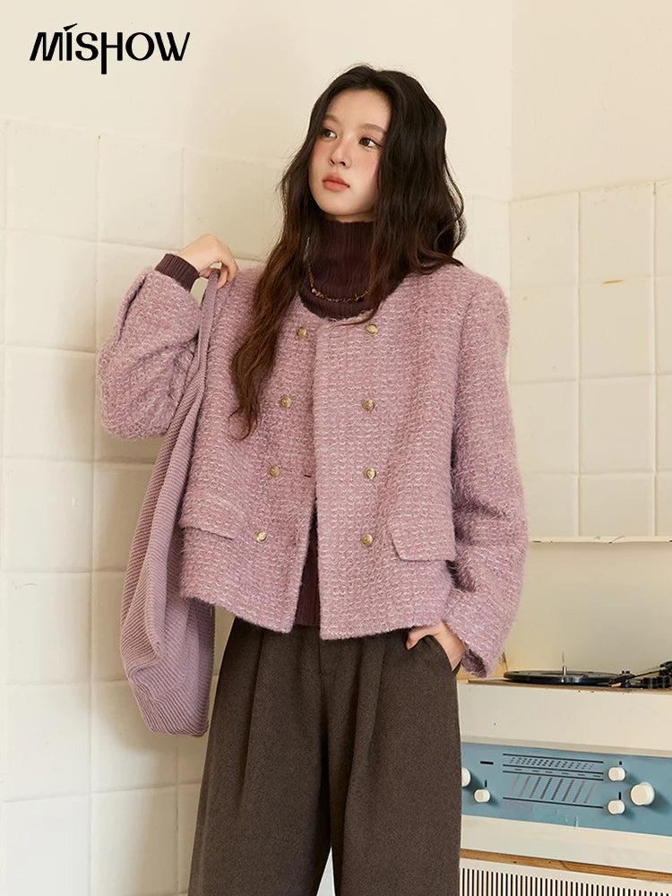 Mishow Purple Double-Breasted Tweed Wool Coat MXE88W0881