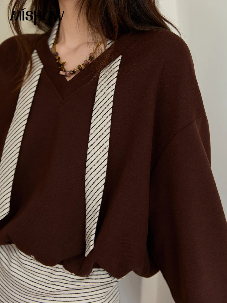 Mishow Retro Brown V-Neck Sweatshirt & Pleated Skirt Suit MXE47T1415