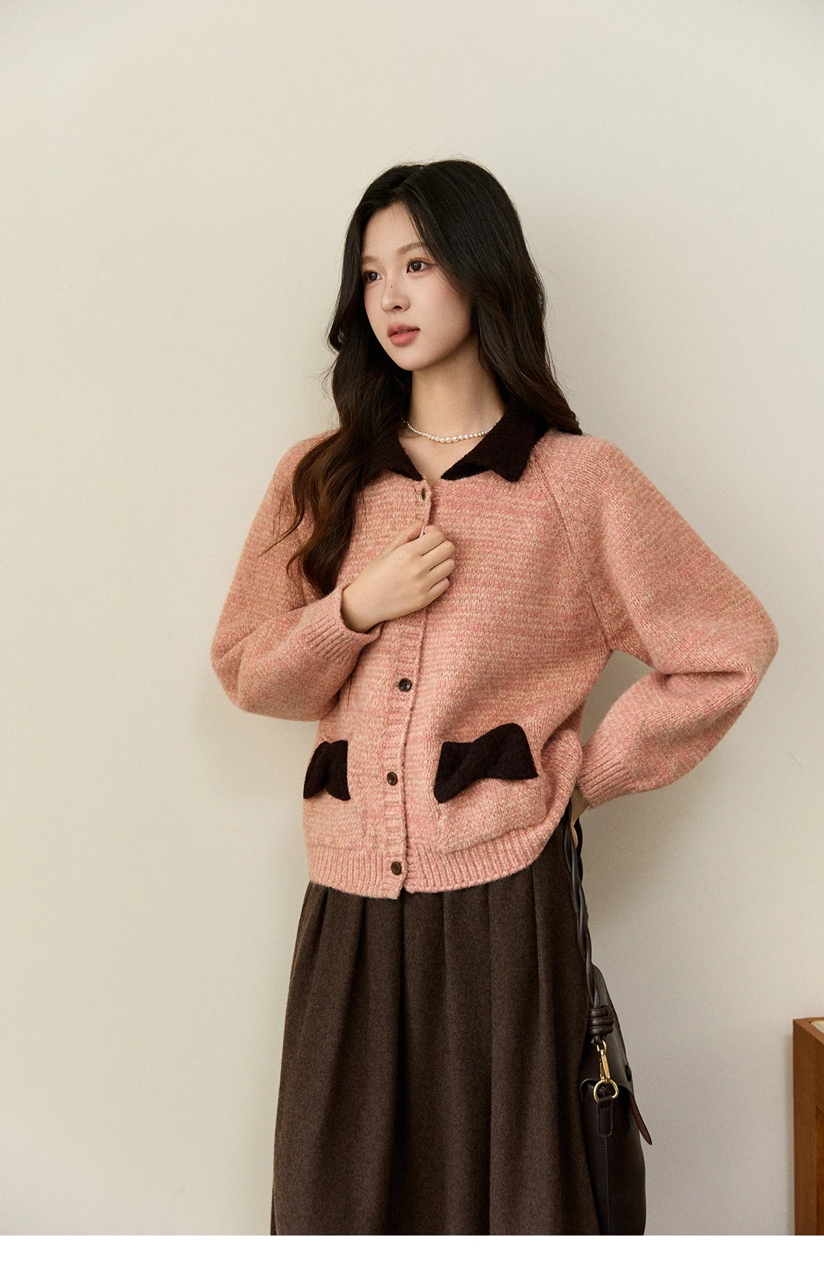 Mishow Pink Contrast Collar Bow Pocket Cardigan MXE94Z2957