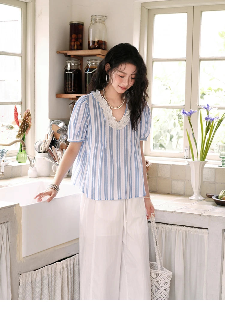 MISHOW Cotton Striped Blouse Lantern Sleeve Lace V-Neck MXE36X1845