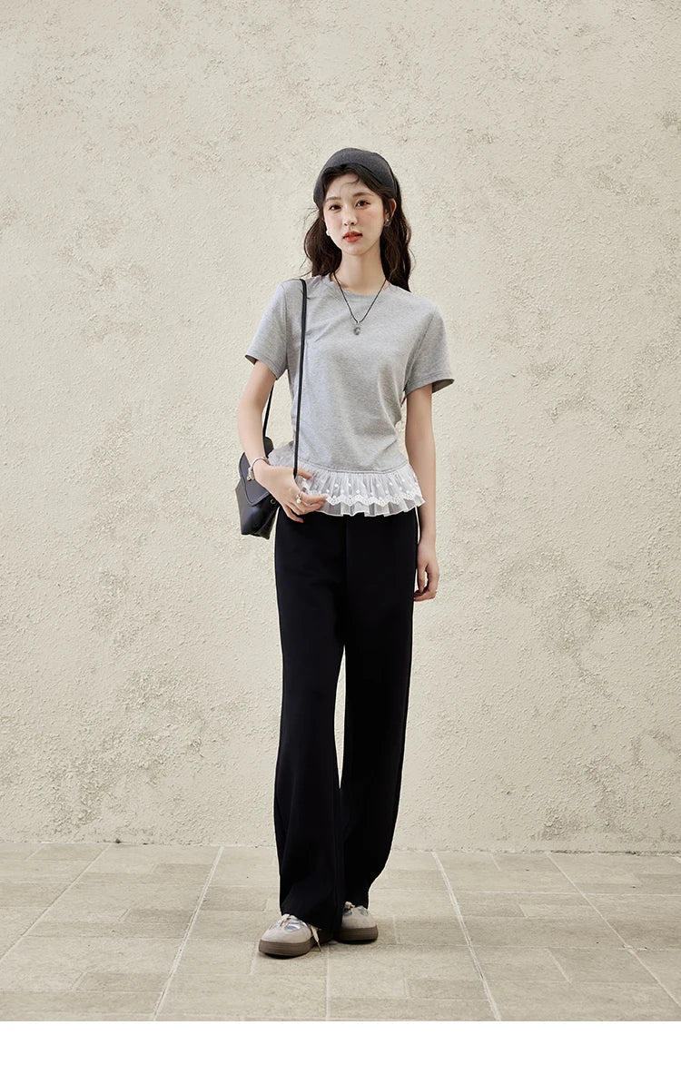 Mishow Lace Hem Splicing Round Neck Tee MXE31T0528