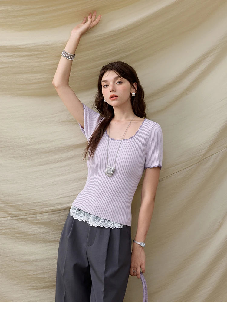 Mishow Office Lady Lace Collar Contrast Hook Top MXE33Z1218