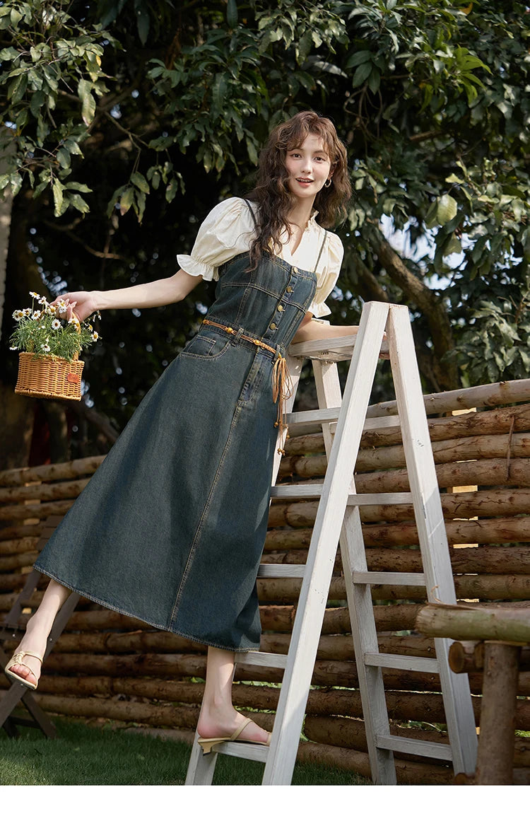 MISHOW Denim Suspender Dress & Puff Sleeve Blouse Set MXD21L1664