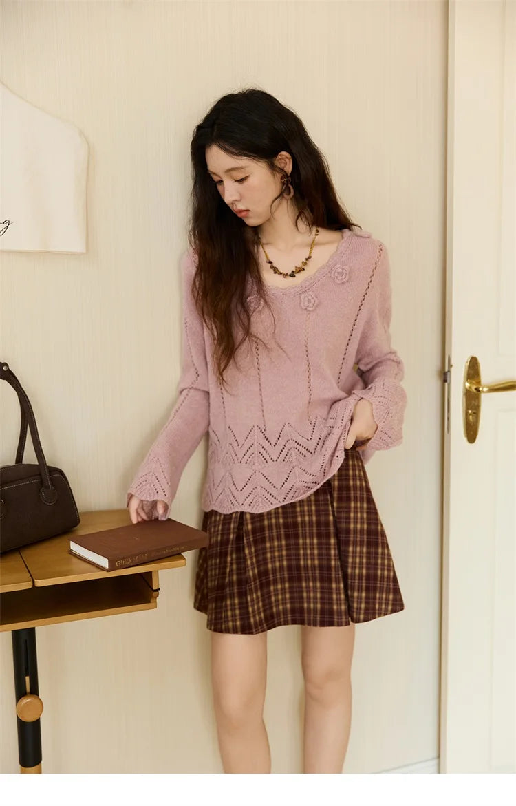 Mishow Purple Hollow Wave V-Neck Crochet Pullover MXE45Z1391