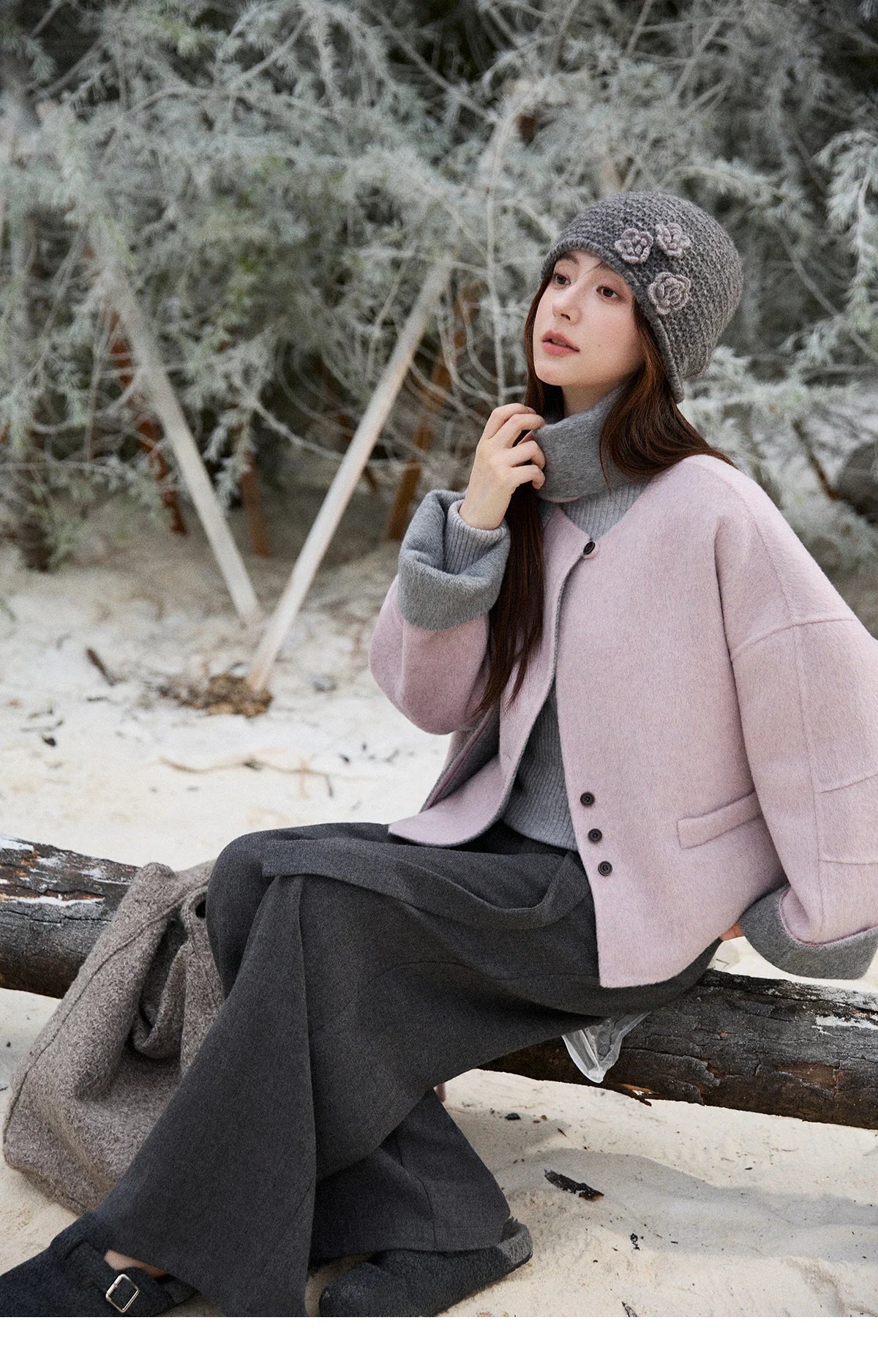 Mishow Tweed Wool Double-Faced Short Coat with Scarf MXE86W0977