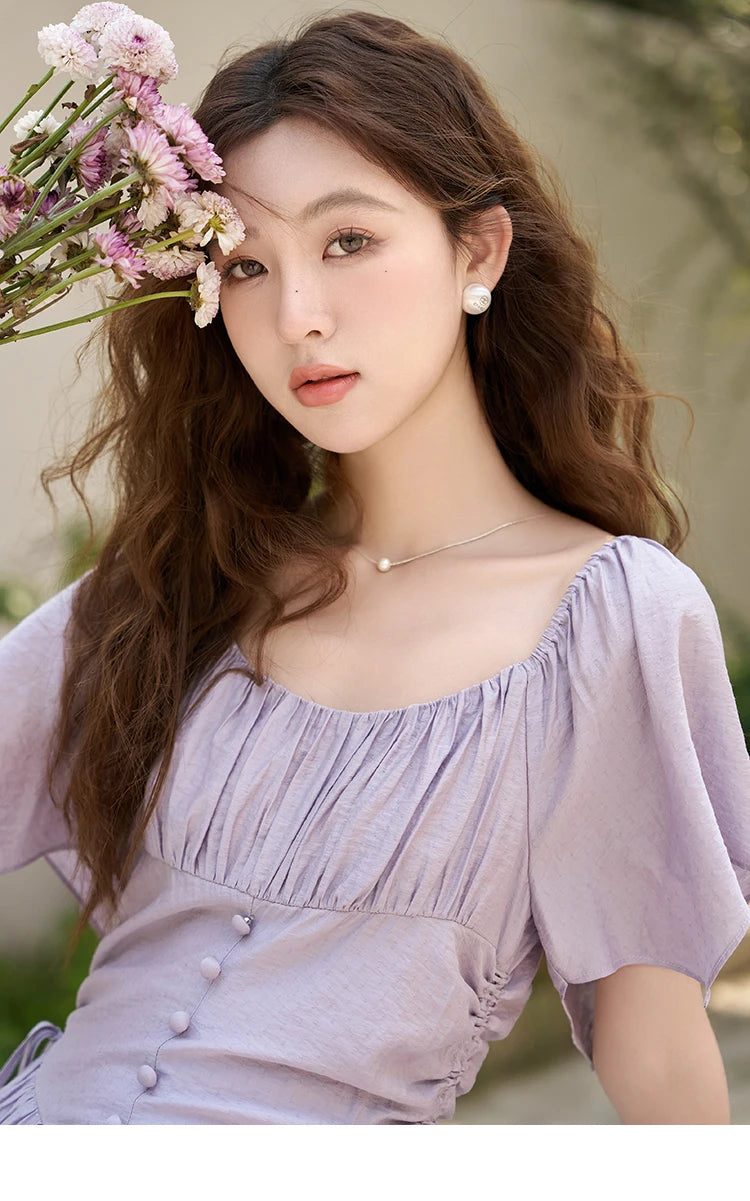 Mishow French Square Collar Butterfly Sleeve Dress MXC38L1407