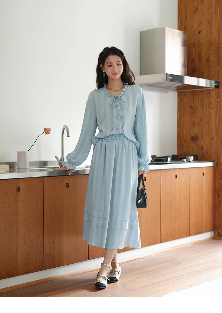 Mishow Light Blue Linen V-Neck Lace-Up Shirt & Elastic Skirt Set MXE41T0700