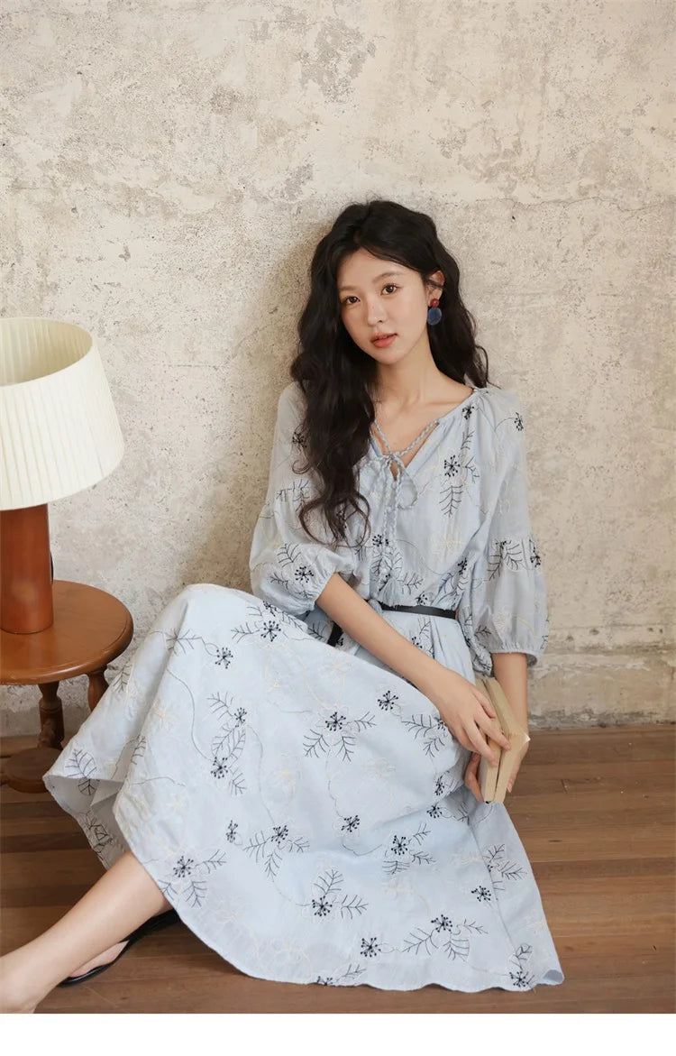 MISHOW Blue Flower Embroidered Lantern Sleeve Dress MXE42L2493