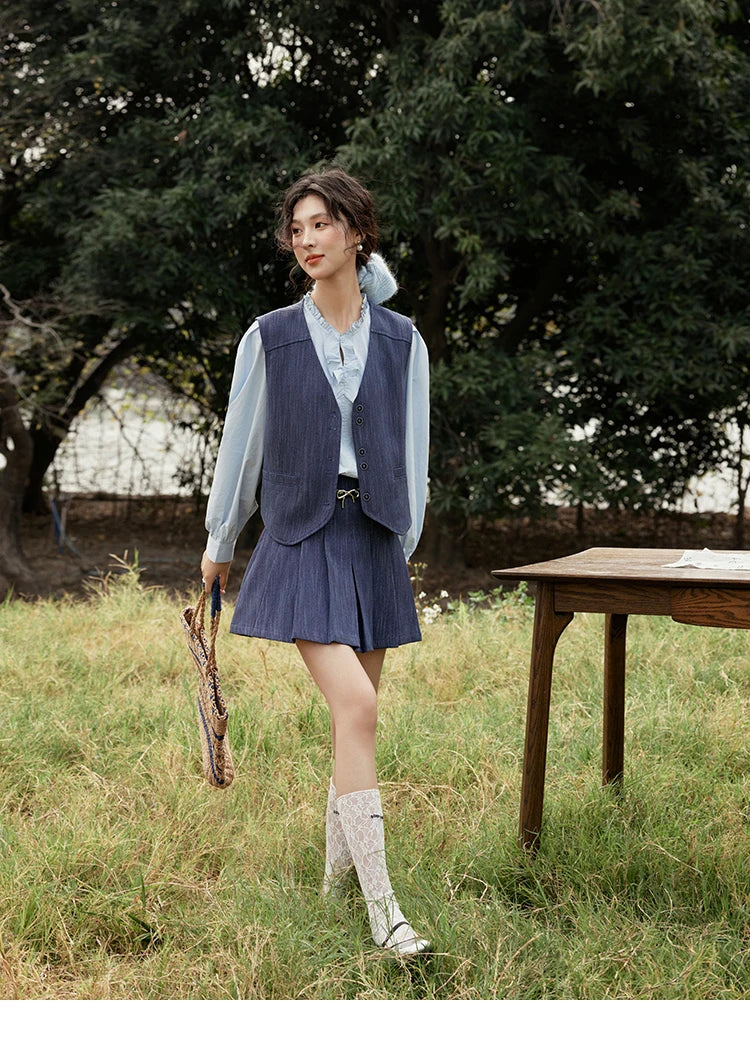 Mishow V-Neck Vest Coat & Pleated A-Line Skirt Set MXE31T0505