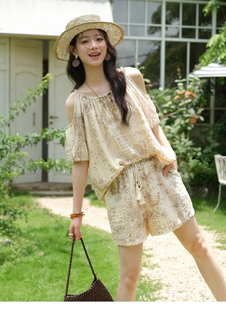 Mishow Bohemian Print Top & Beaded Tassel Drawstring Shorts Set MXE39T0723