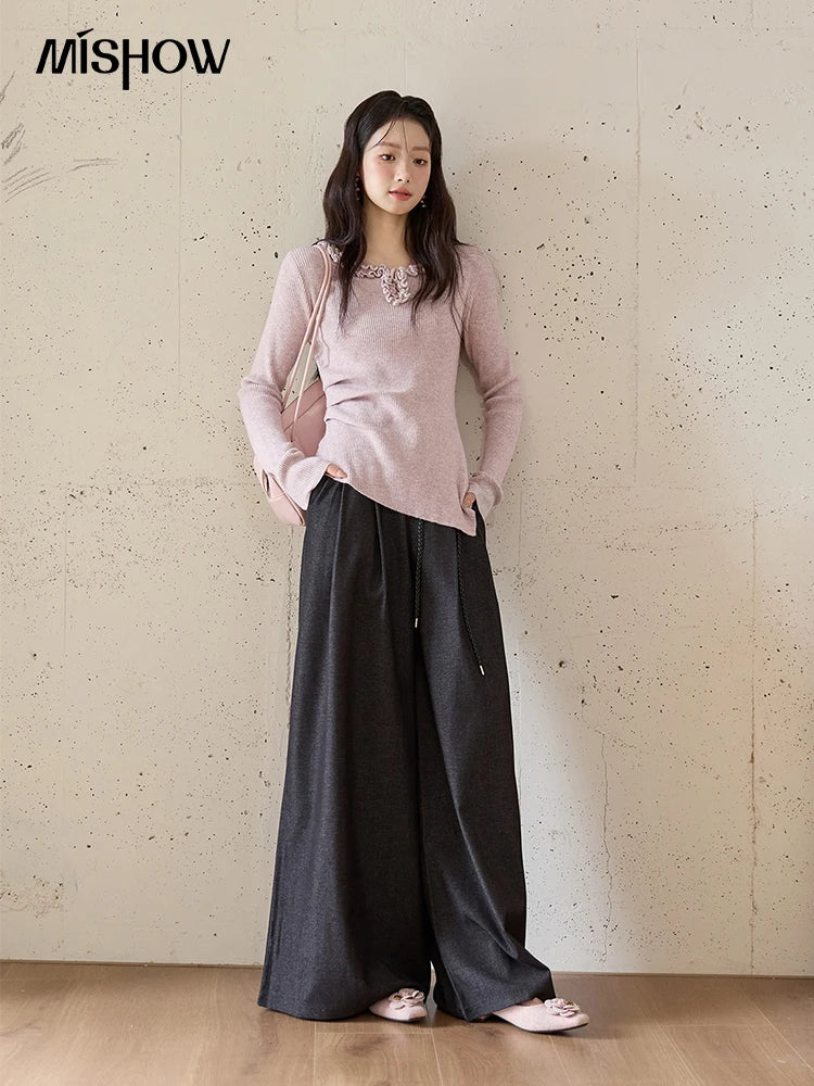 MISHOW Gray Wide-Leg Pants Lace-Up High Waist Slim MXE51K1106