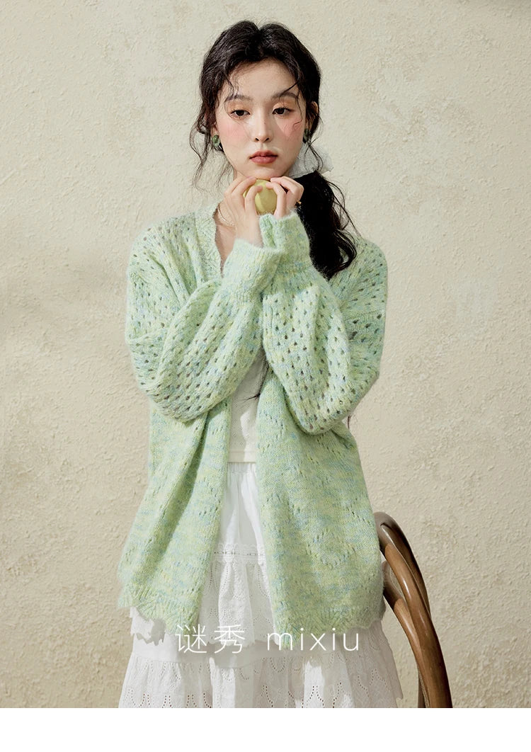 Mishow Green Hollow Out Wave Neck Cardigan MXE12Z1212