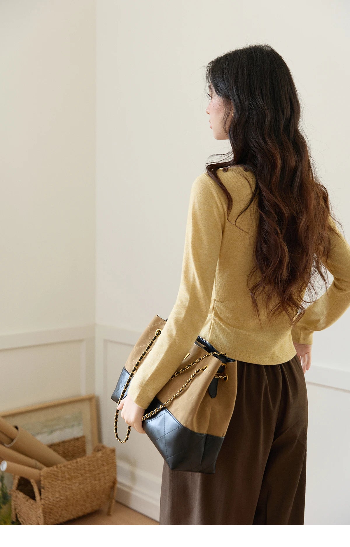 Mishow Yellow Brown Contrast Oblique Collar Knit Top MXF11Z2911