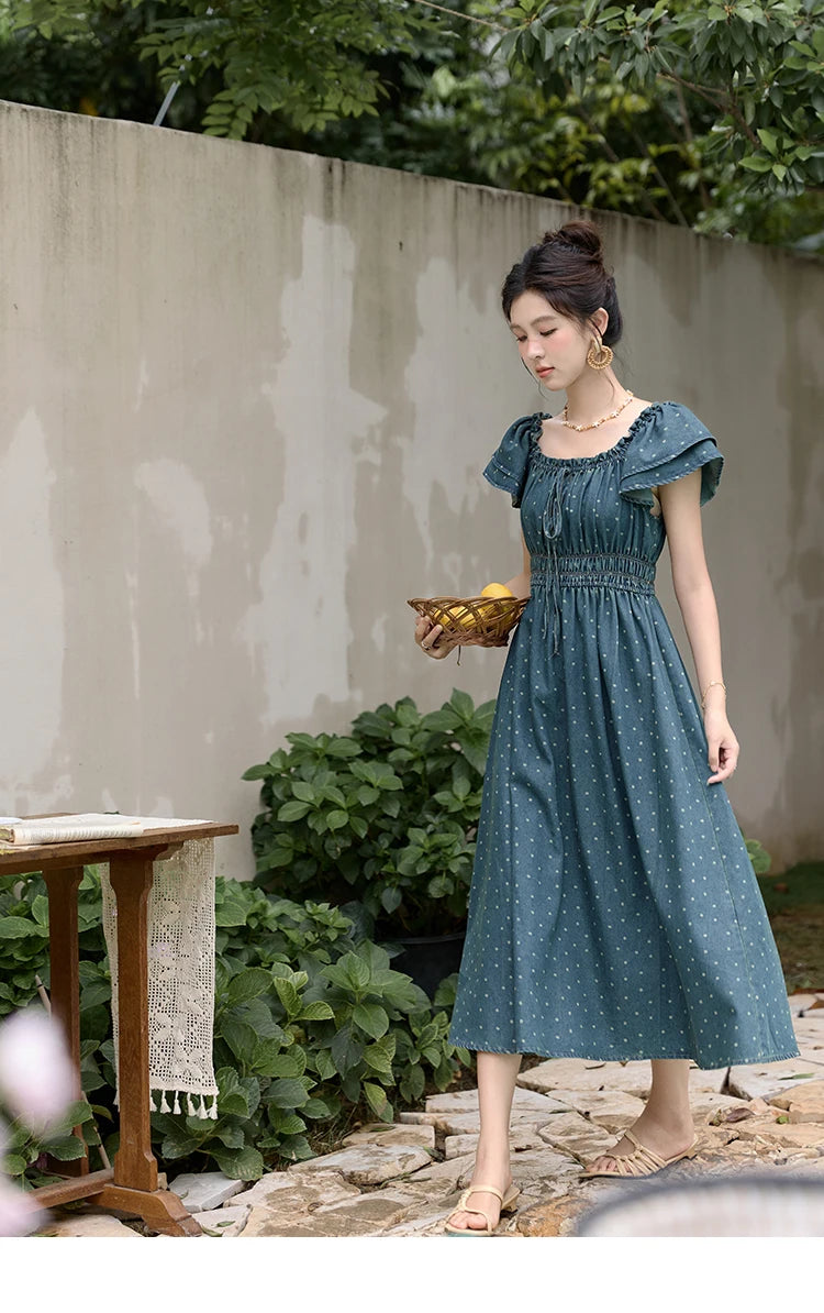 Mishow Polka Dot Flying Sleeve Lace-Up Denim Dress MXD30L2022
