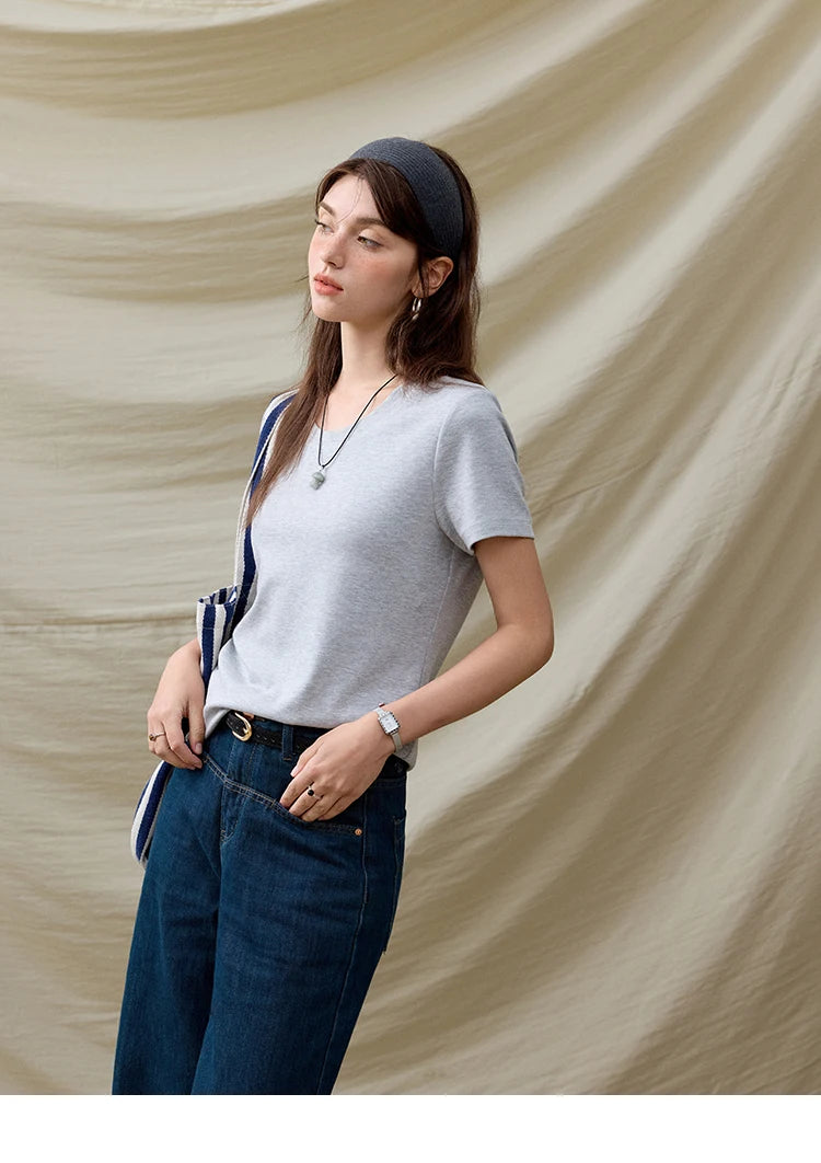 Mishow Solid Straight Shoulder Lace Trim Tee MXE31T0532