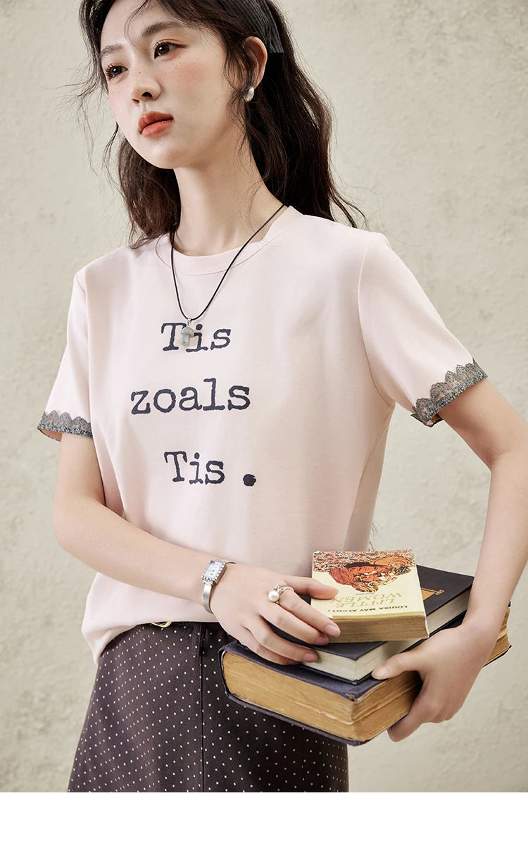 Mishow Pink Letter Print Lace Trim Tee MXE32T0529