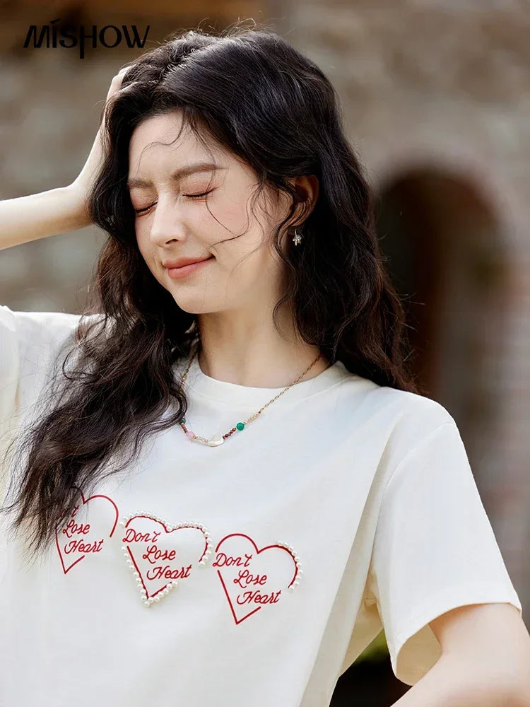 Mishow Apricot Heart Print Positive Shoulder Tee MXE11T0491