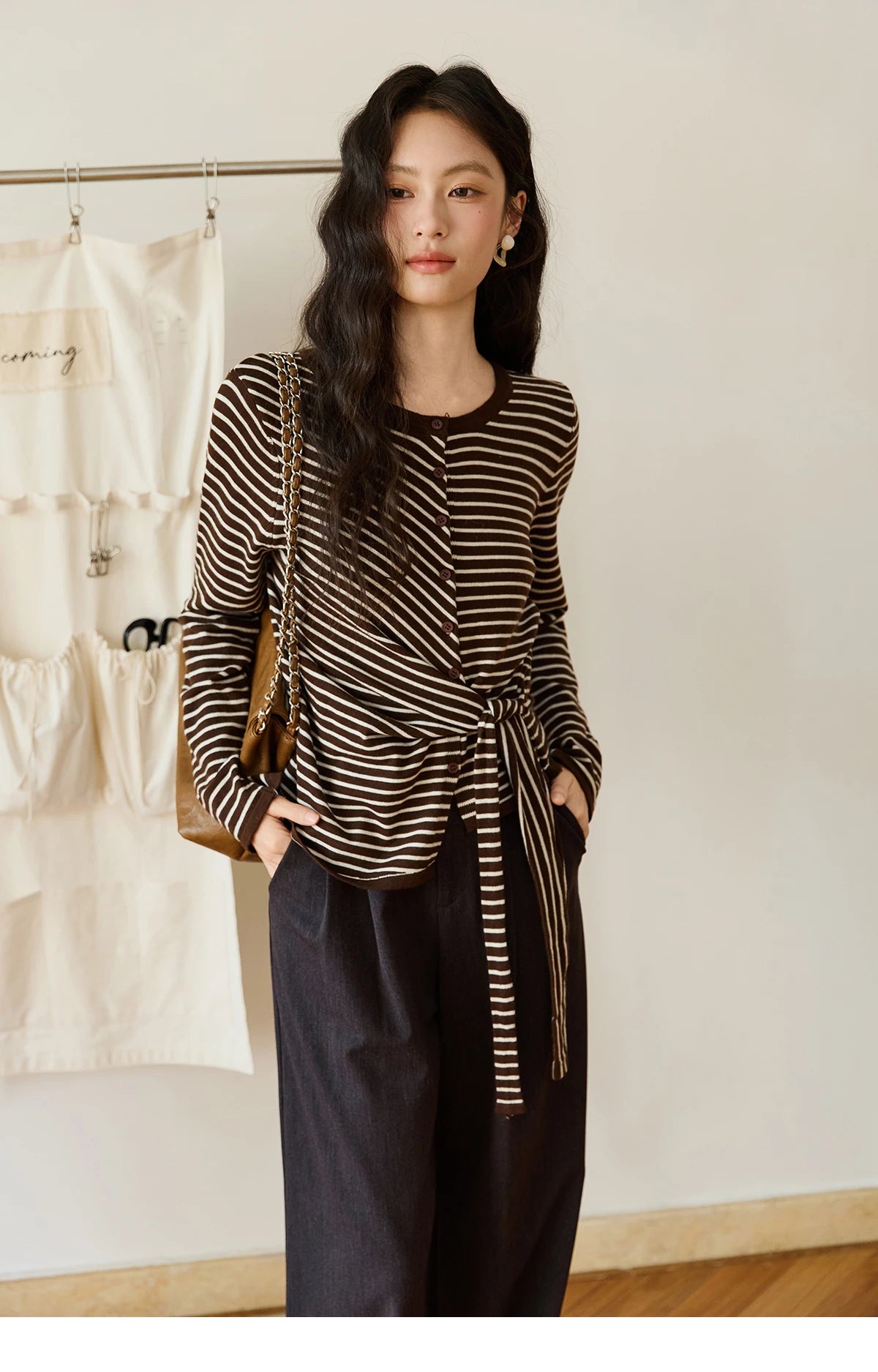 Mishow Coffee Striped Knitted Cardigan Sweater MXE46Z2537