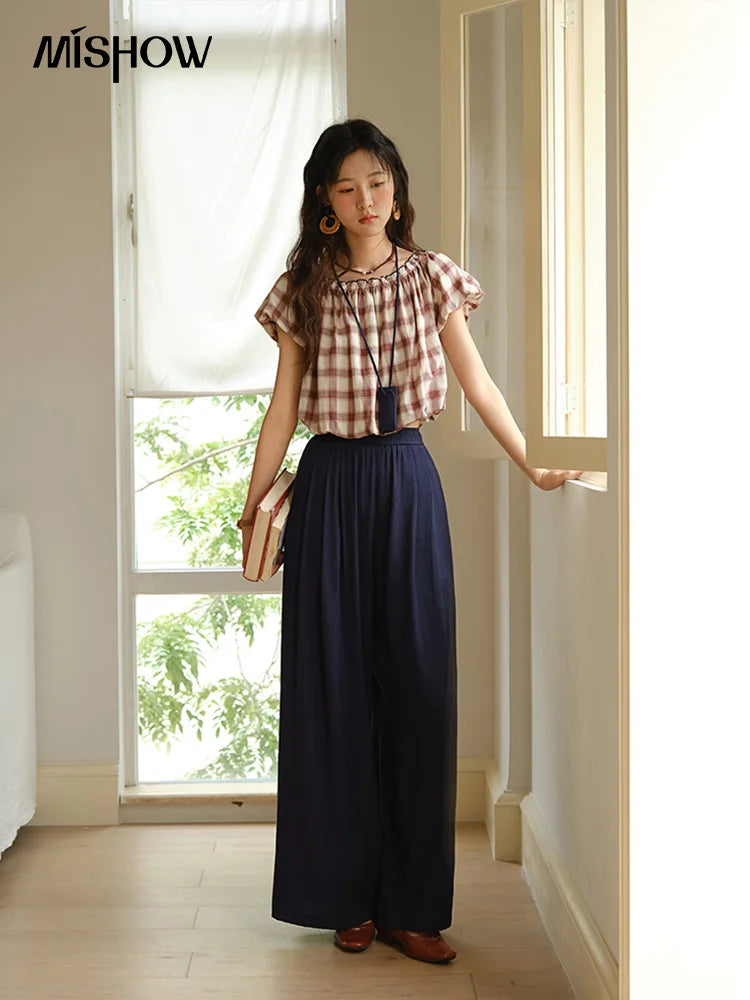 Mishow Retro Red Grid Puff Sleeve Top & Wide Leg Pants Set MXE37T0649