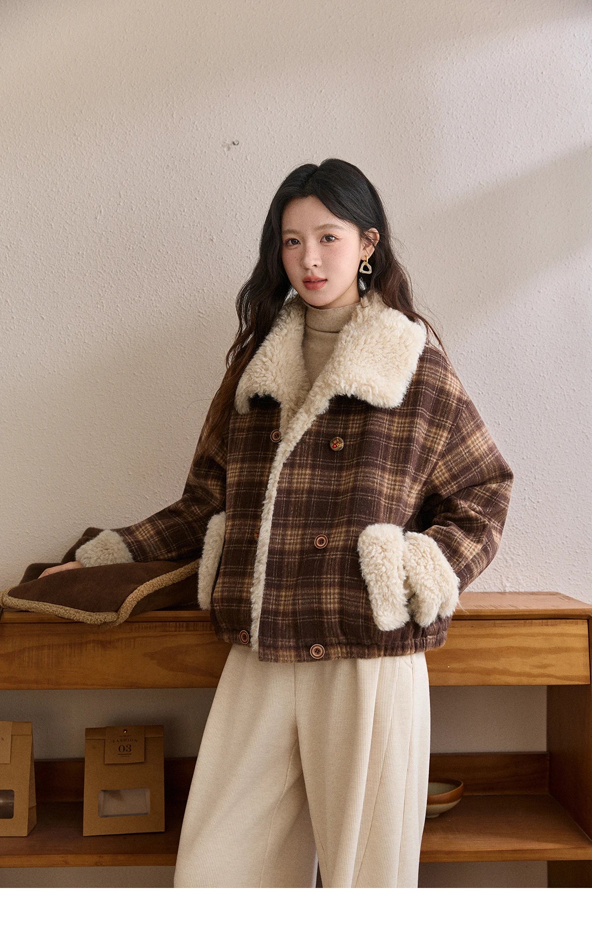 Mishow Retro Plaid Large Lapel Padded Jacket MXE87W1004