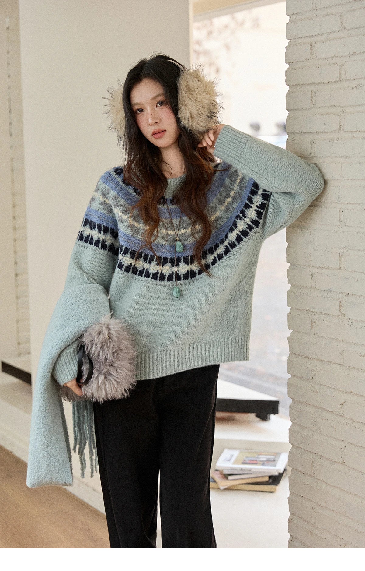 Mishow Blue Fair Isle Geometric Jacquard Pullover MXE87Z2767