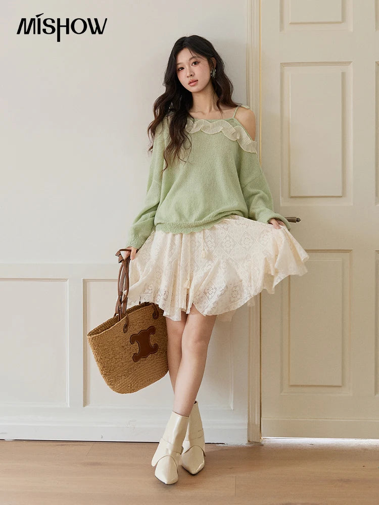 Mishow Beige Apricot Lace Tassel Midi Skirt MXF108B0768