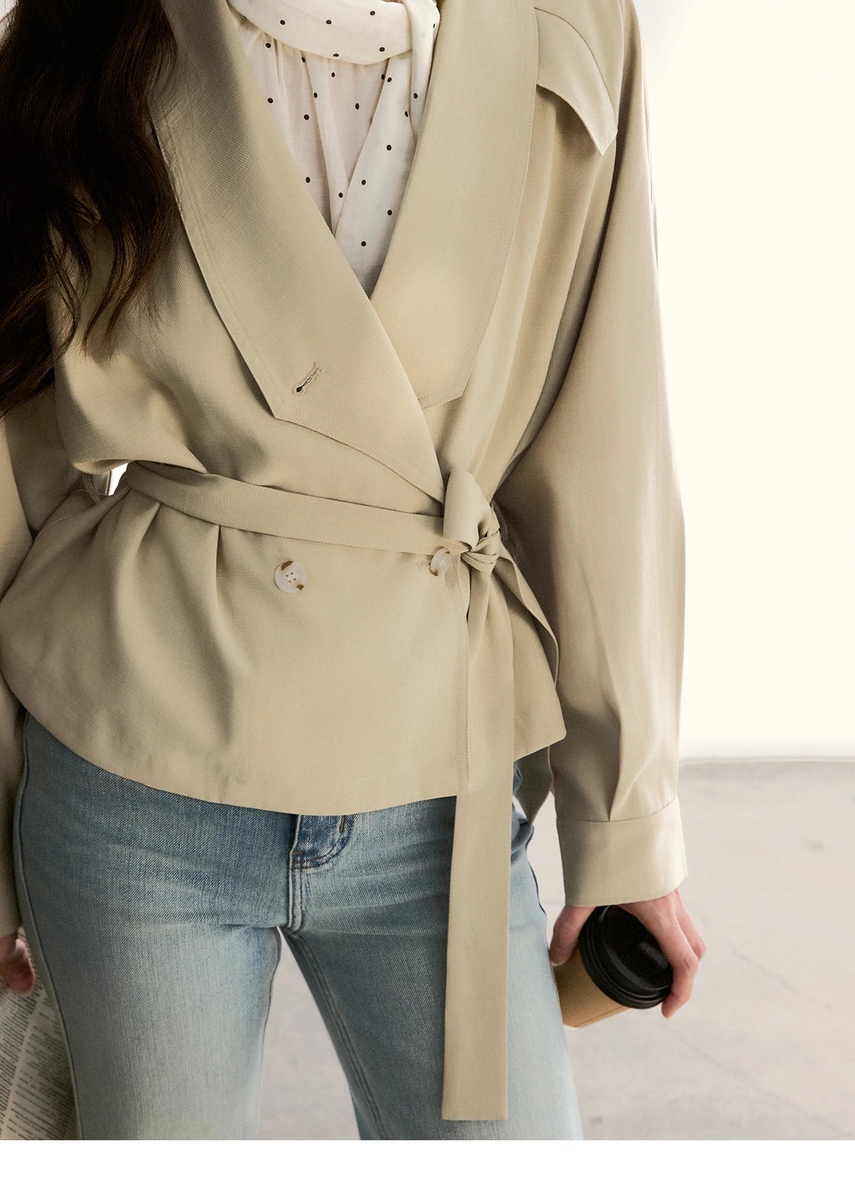 MISHOW Khaki Belted Waist Coat Lapel Double-Breasted Short MXF13W1056