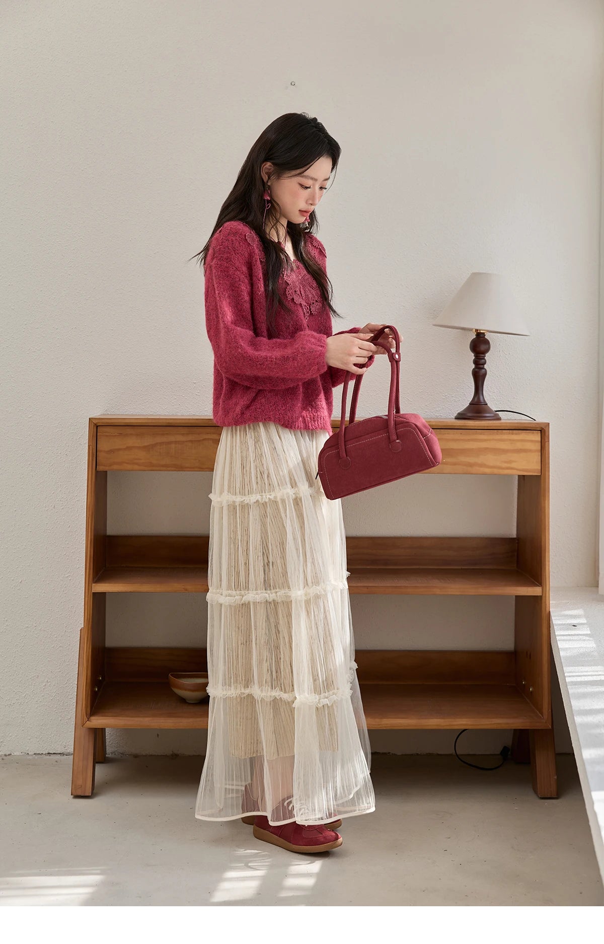 Mishow Pink Lace Wool V-Neck Lantern Sleeve Pullover MXE51Z2632
