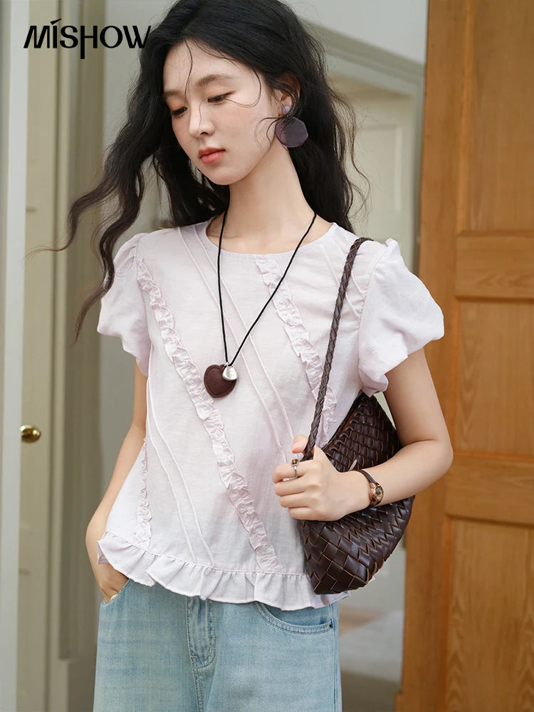 MISHOW Fungus Edge Puff Sleeve Blouse O-Neck Loose MXE39X1941