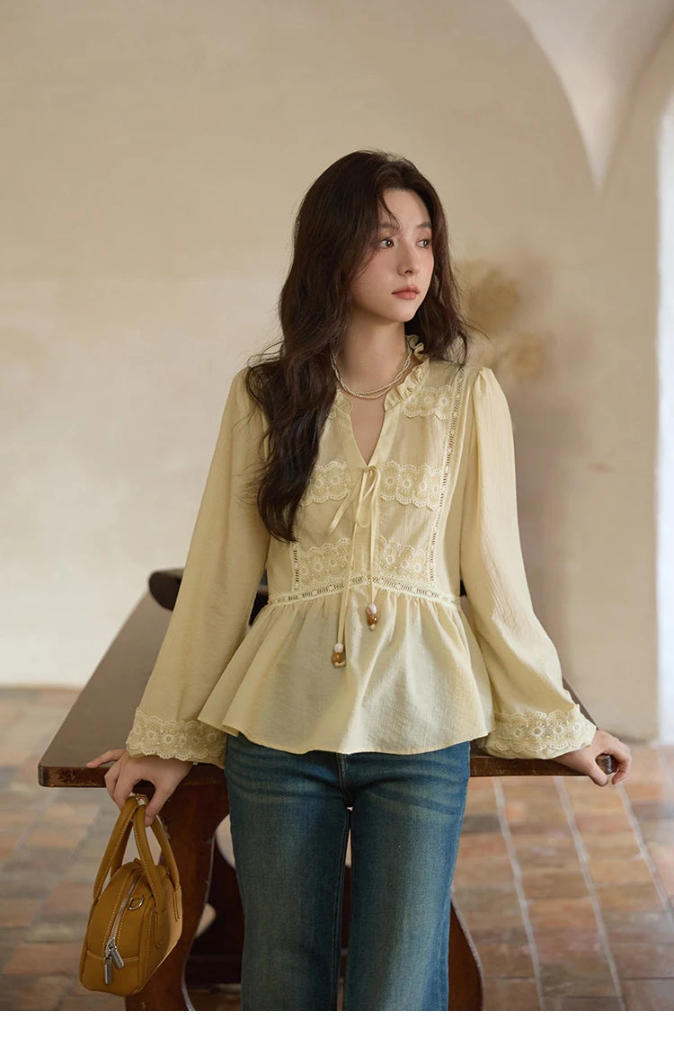 MISHOW French V-Neck Blouse Lace Patchwork Lantern Sleeve MXE41X1925