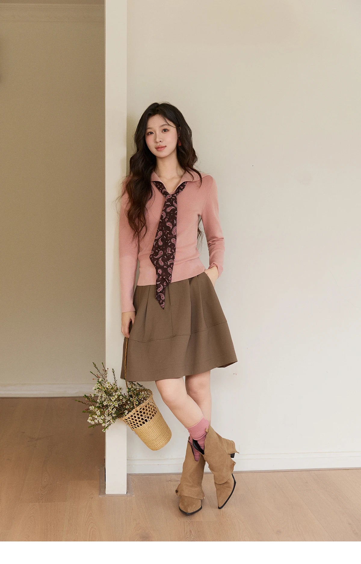 Mishow Pink Polo Neck Detachable Scarf Sweater MXF108Z1032