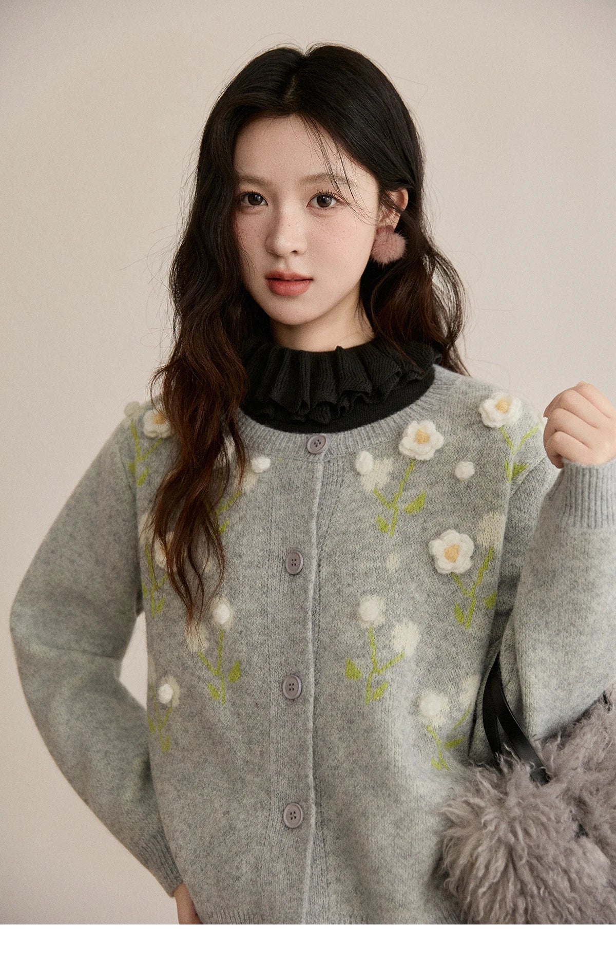 Mishow Gray Flower Embroidery Round Collar Cardigan MXE91Z2836