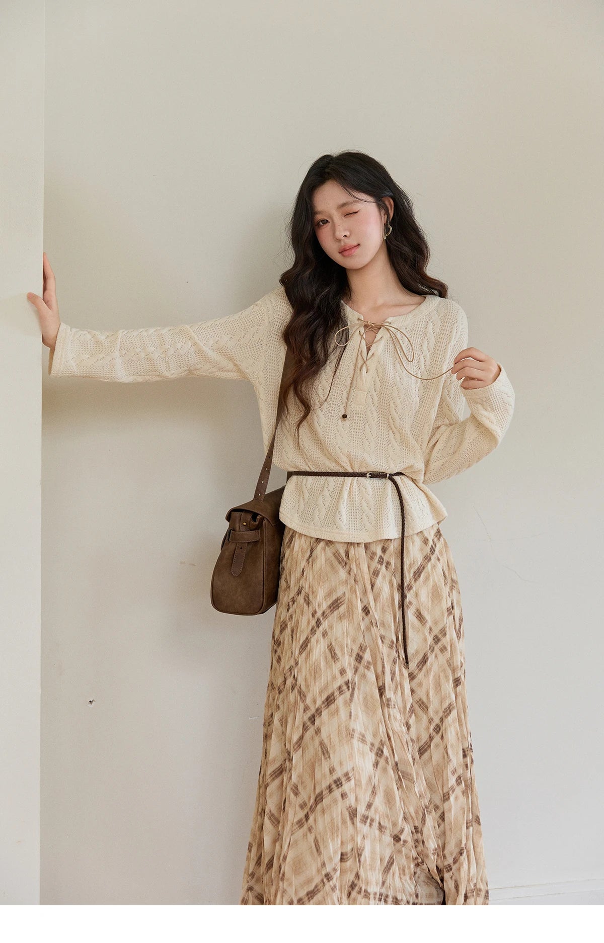 Mishow Beige V-Neck Lace-Up Cable Knit Sweater MXF108Z1029