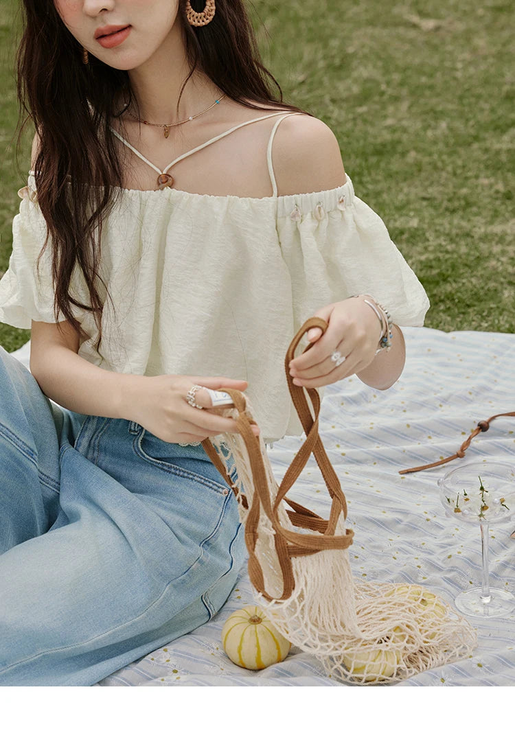 MISHOW French Camisole Shirt Off-Shoulder Lace Puff Sleeve MXE33X1755