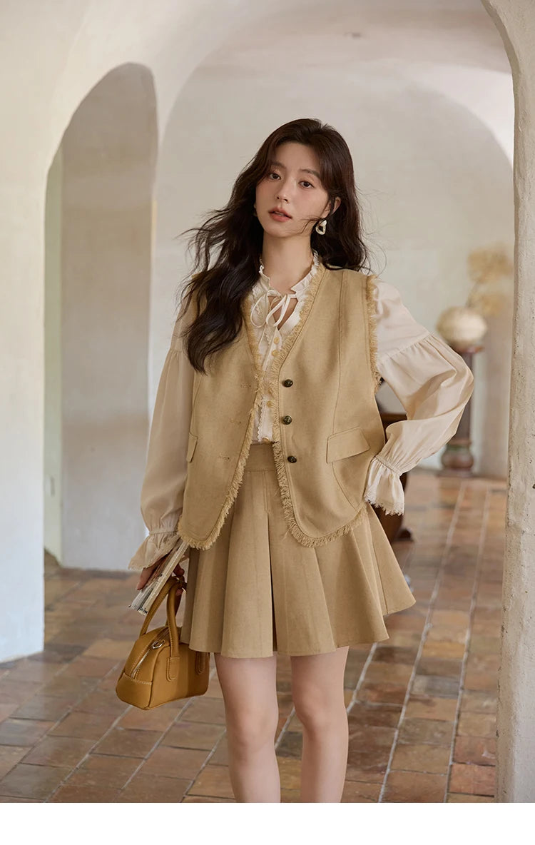 Mishow Khaki Selvedge Vest & Pleated Skirt Set MXE41T0690