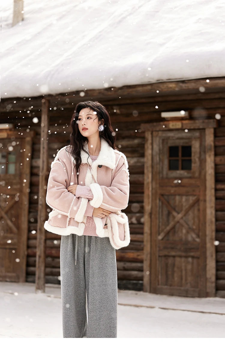 Mishow Suede Plush Fur Collar Jacket with Bag MXD57W0737