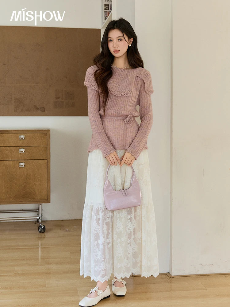 Mishow Pink Large Collar Lace Belted Pullover MXF11Z2901