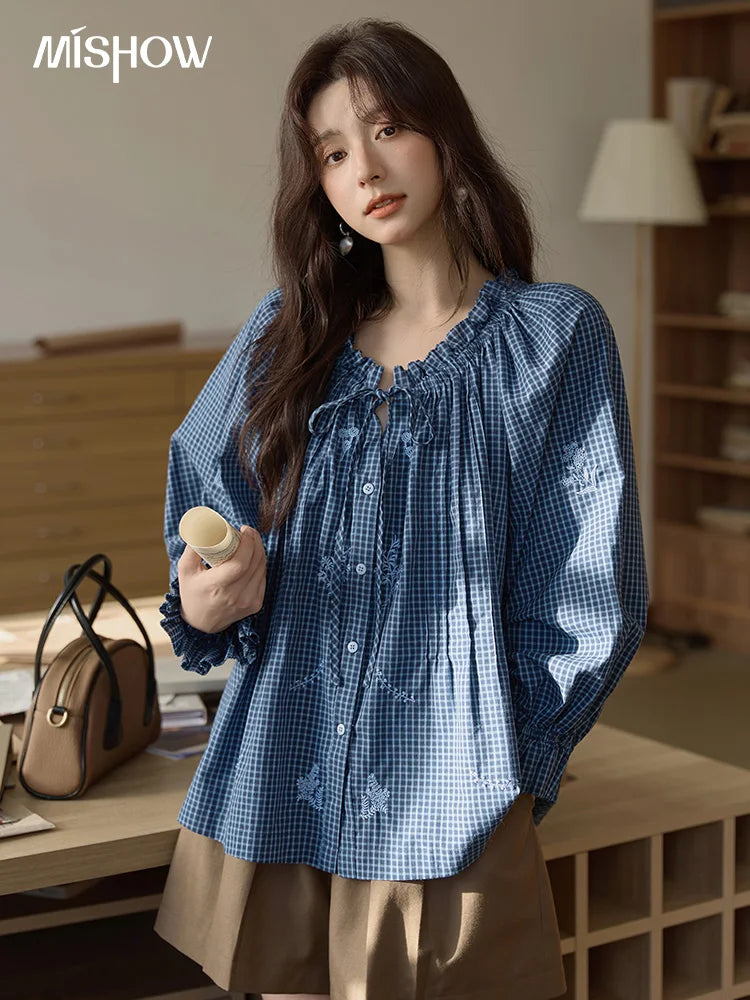 MISHOW Blue Plaid Embroidered Shirt Black Fungus Edge Collar MXE44X2467