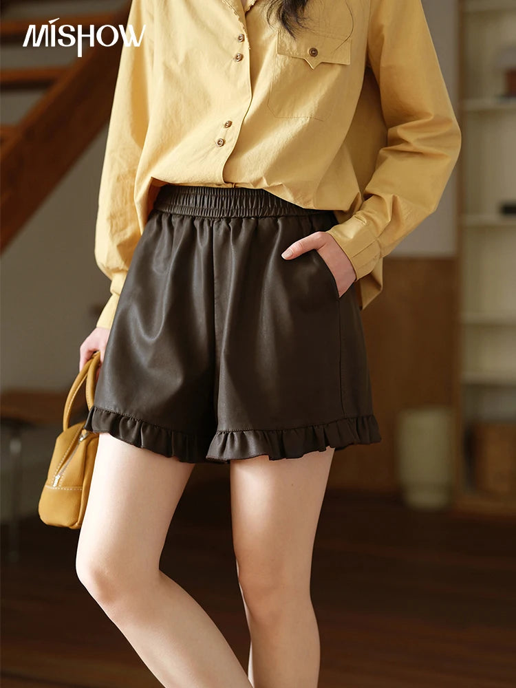 Mishow PU Leather High Waist Ruffle Hem Shorts MXE42K1068