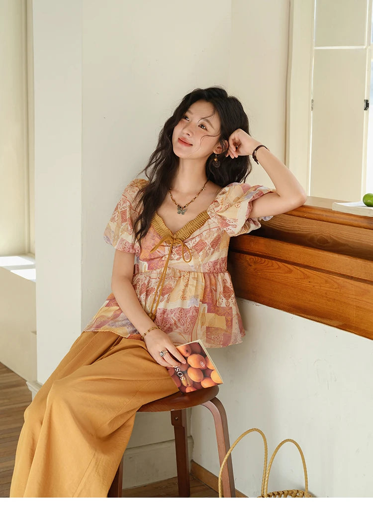 MISHOW V-Neck Lace Up Patchwork Blouse Puff Sleeve Floral Print MXE38X1911