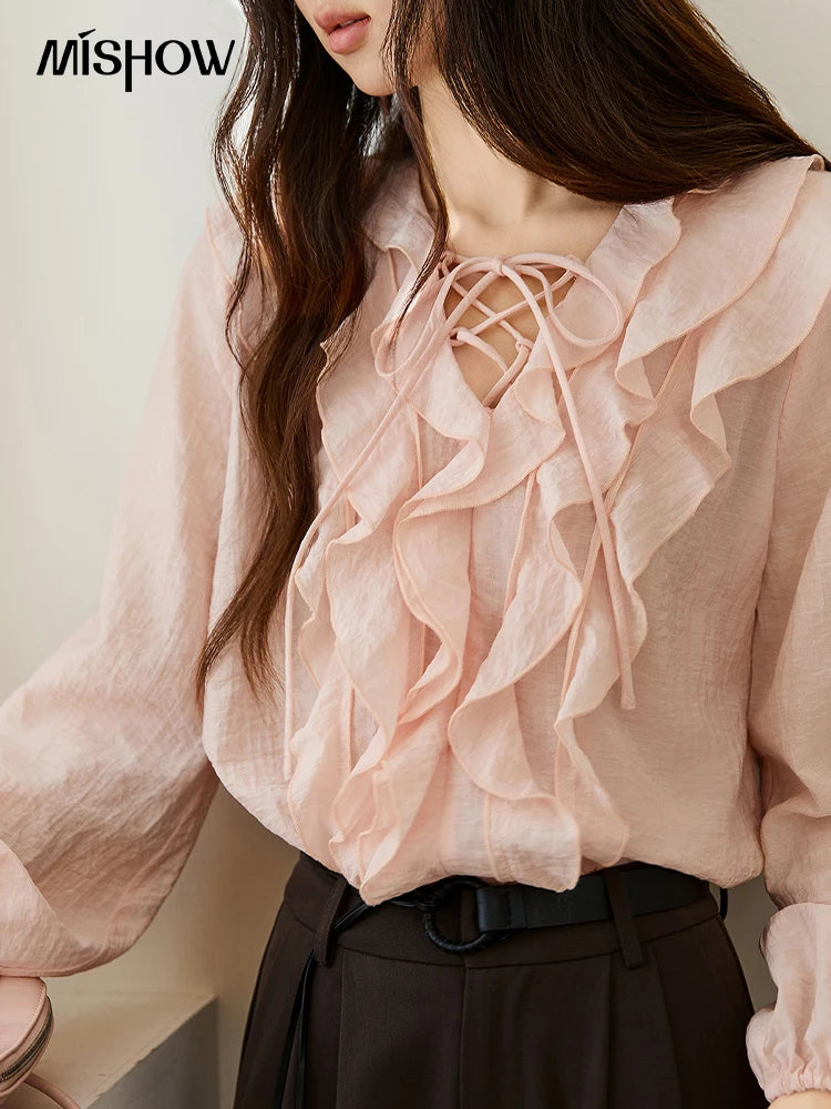 MISHOW Pink Ruffled Blouse V-Neck Lace Up Lantern Sleeve MXE49X2504