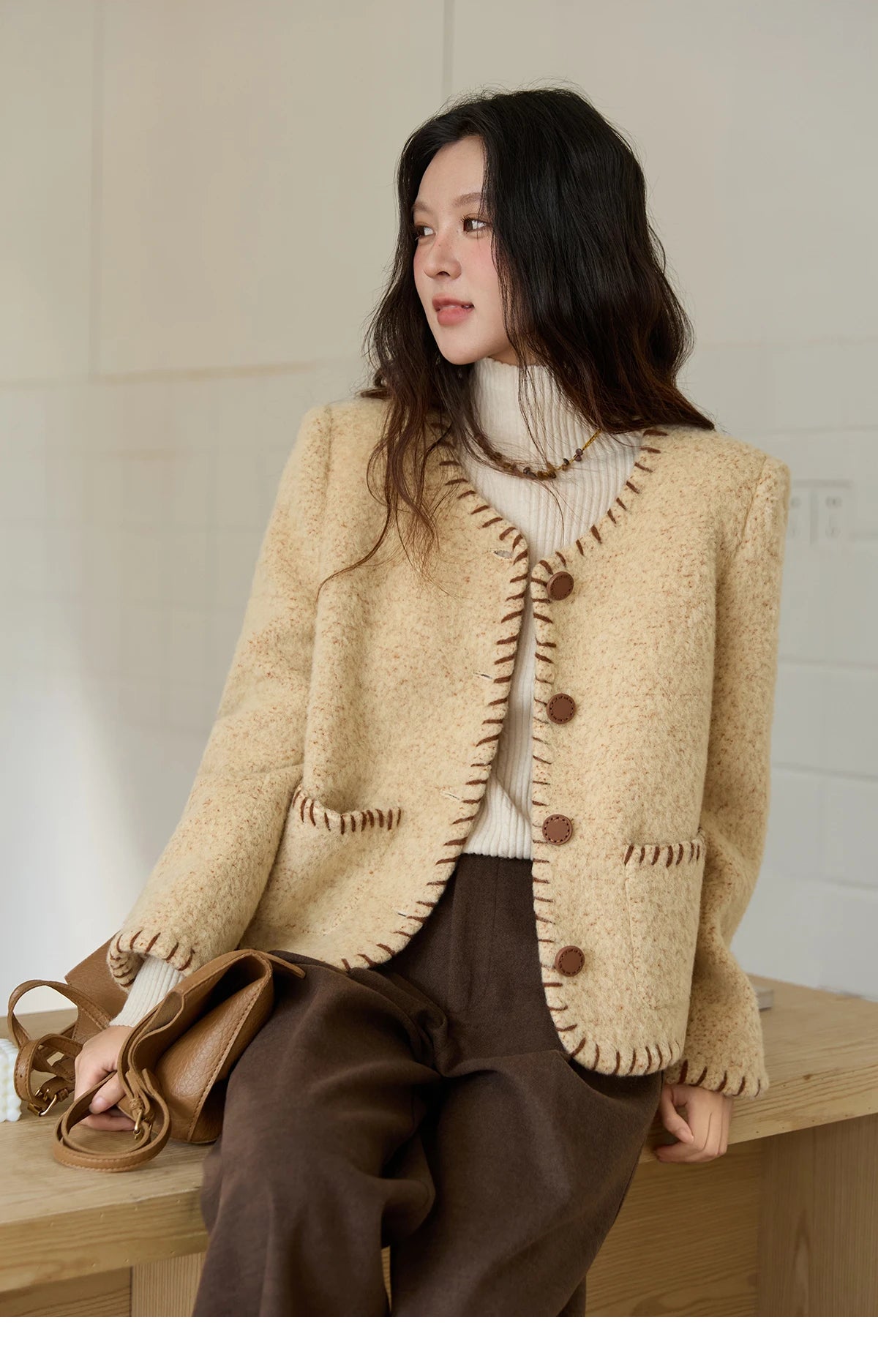 Mishow Apricot Round Neck Wool Blend Coat MXE88W0885