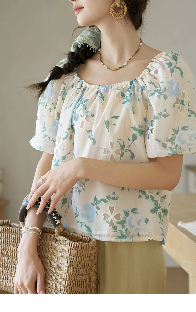 MISHOW Floral Hollow Blouse Square Collar Puff Sleeve MXD29X1602